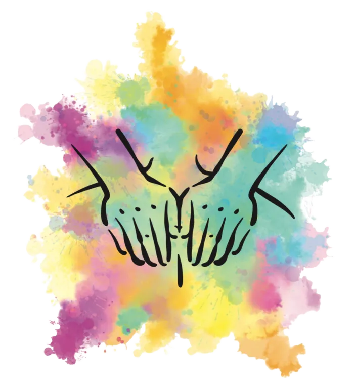 Logo der Heilmassage-Praxis Liesbauer: zwei Hände, die ein Herz formen, auf einem bunten Aquarell-Farbklecks